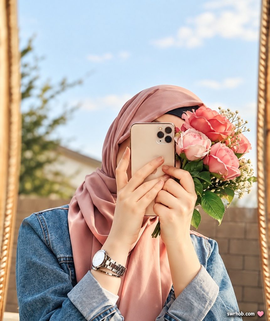 صورة بنت ماسكه هاتف ايفون مع زهور بشكل جميله وحجاب زهري 