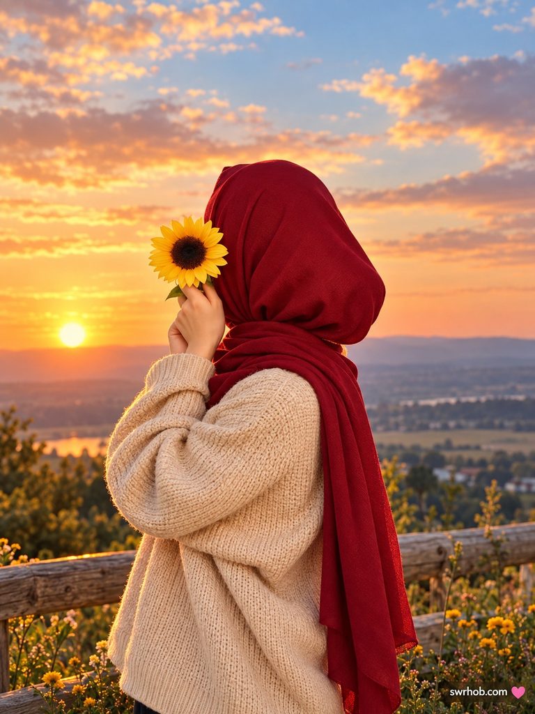 بنوته بالحجاب لونها احمر وخلفيه شمس حلوه الصراحه
