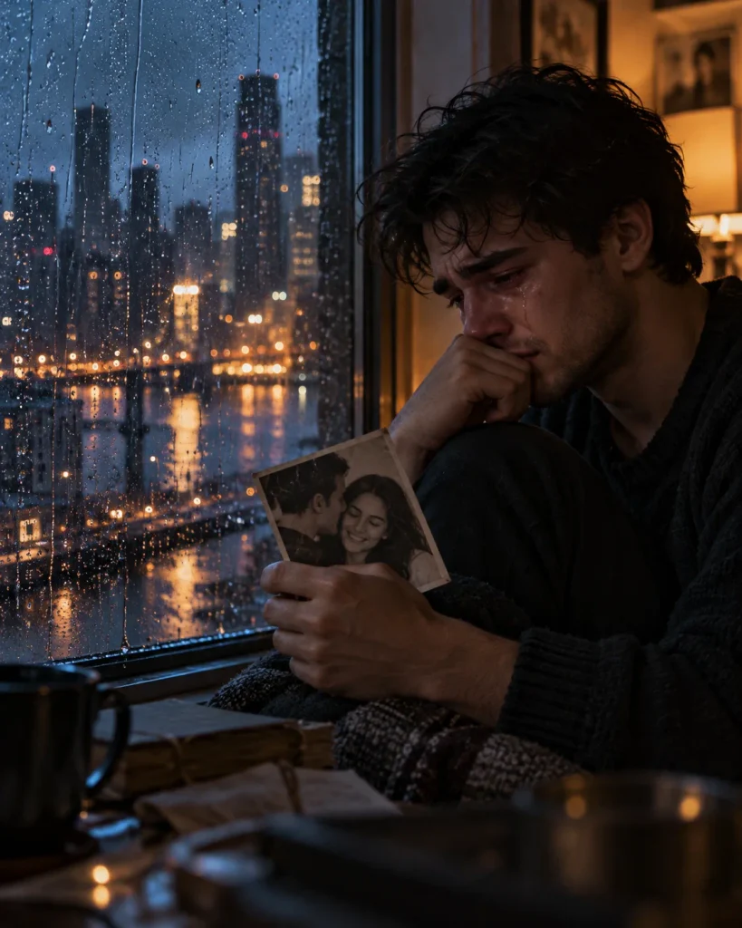 شاب حزين يبكي وهو يحمل صورة حبيبته القديمة بجانب نافذة مبللة بالمطر تعبيرًا عن ألم الفراق والاشتياق.
 نسخ