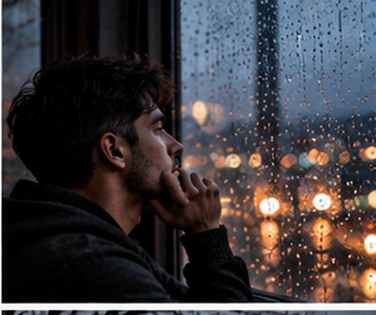 صور شباب حزينة خلف نافذة المطر
