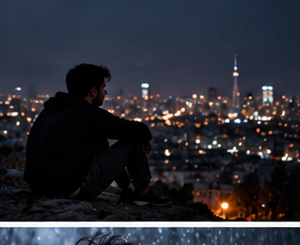 صورة شاب حزين أمام أضواء المدينة